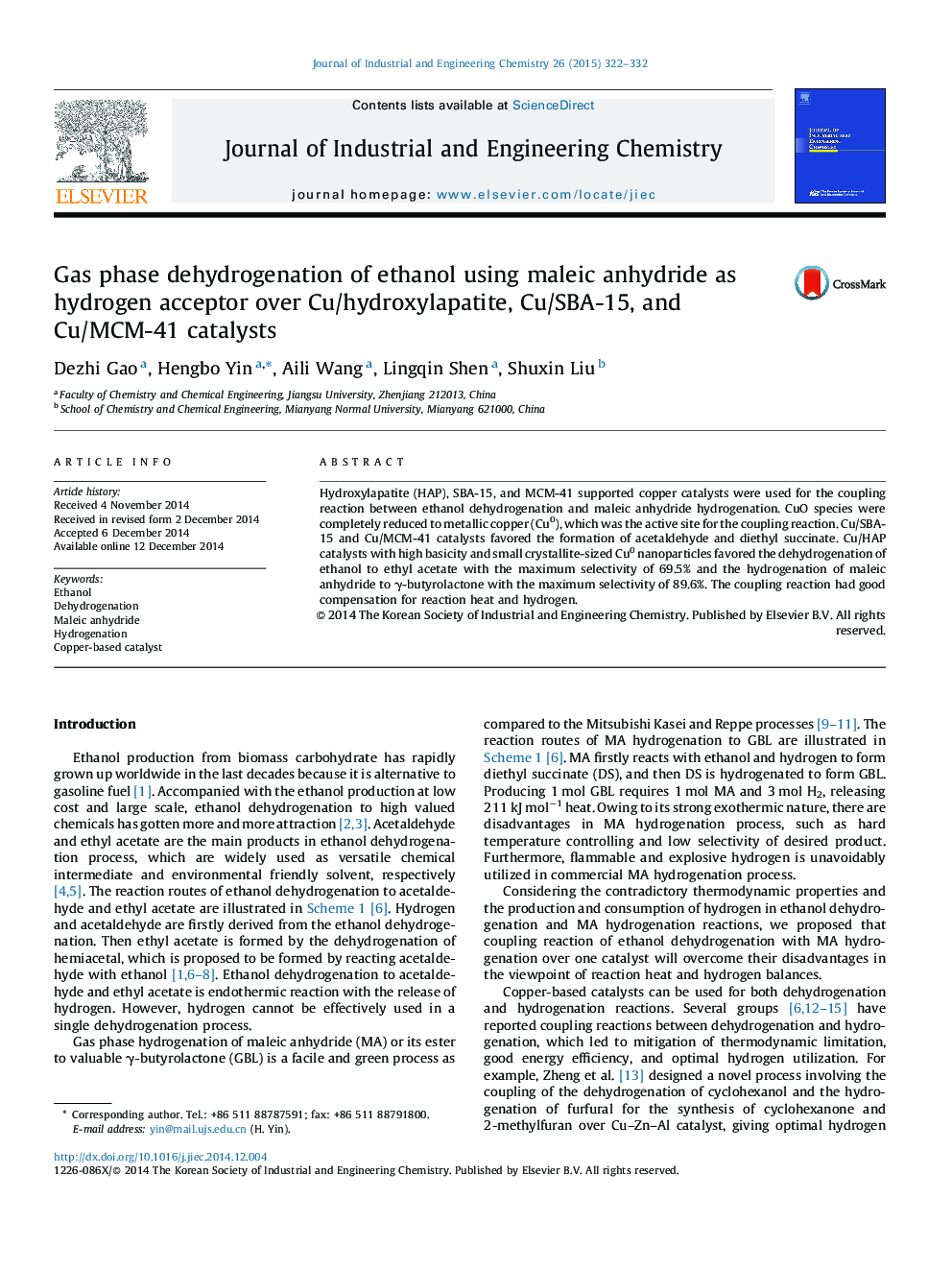 Gas phase dehydrogenation of ethanol using maleic anhydride as hydrogen acceptor over Cu/hydroxylapatite, Cu/SBA-15, and Cu/MCM-41 catalysts