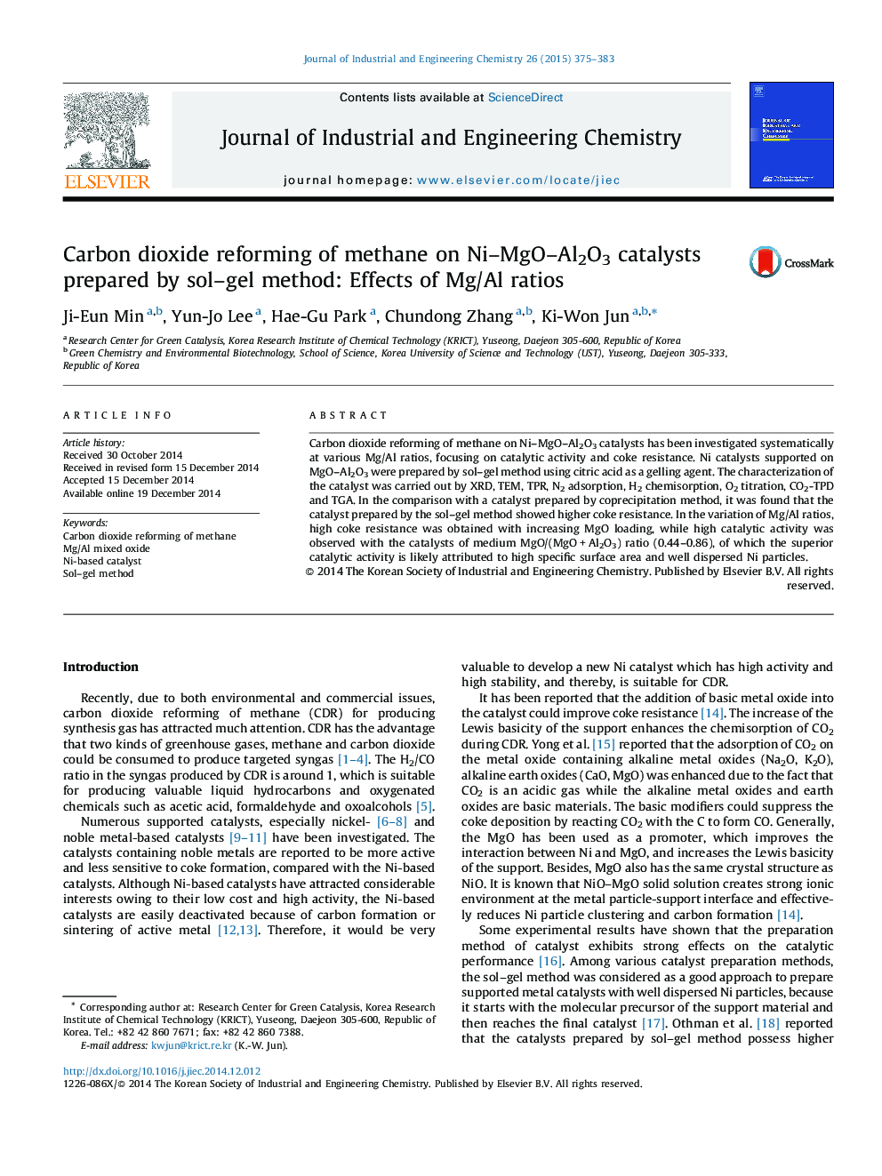 Carbon dioxide reforming of methane on Ni–MgO–Al2O3 catalysts prepared by sol–gel method: Effects of Mg/Al ratios