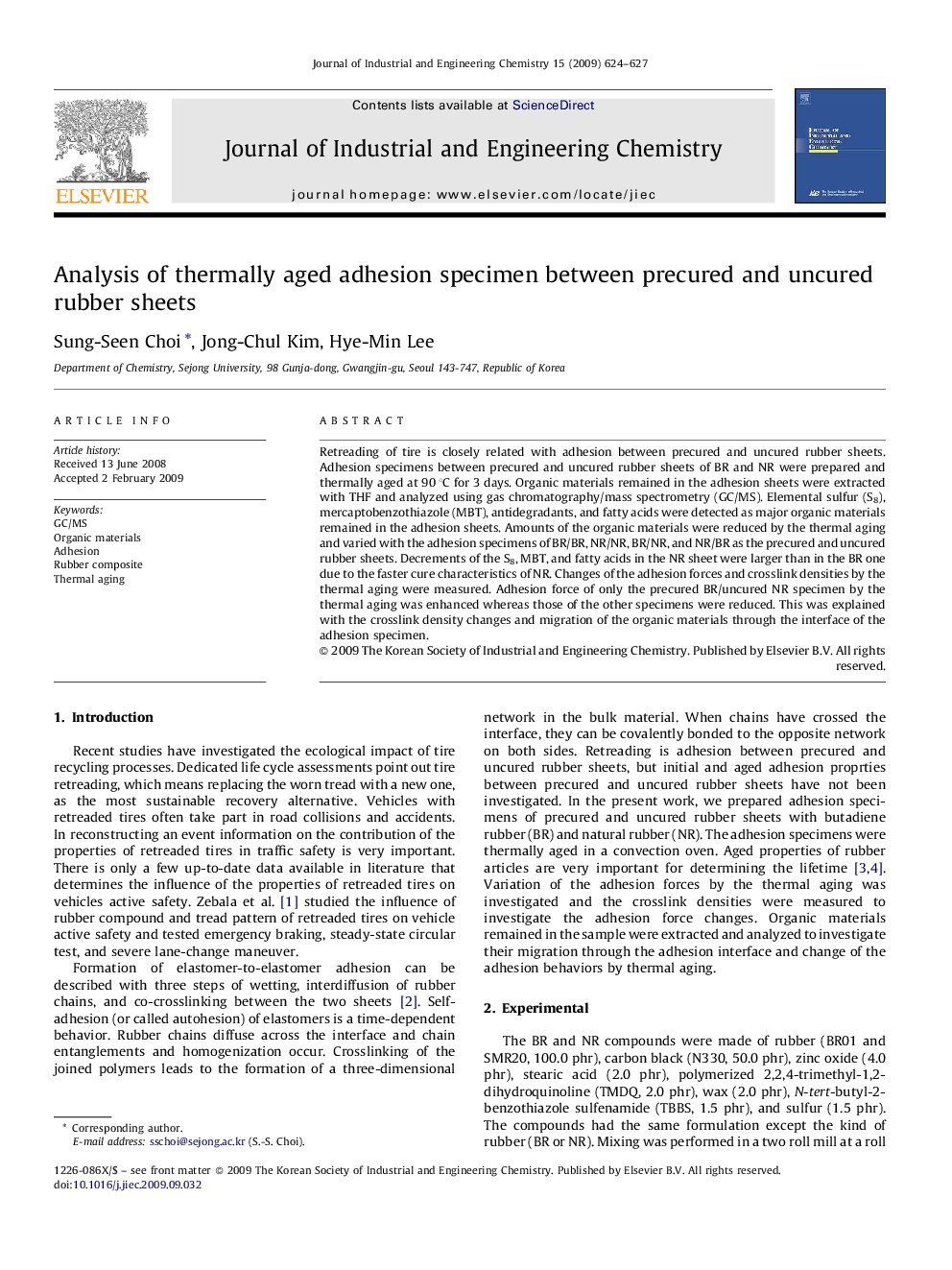 Analysis of thermally aged adhesion specimen between precured and uncured rubber sheets