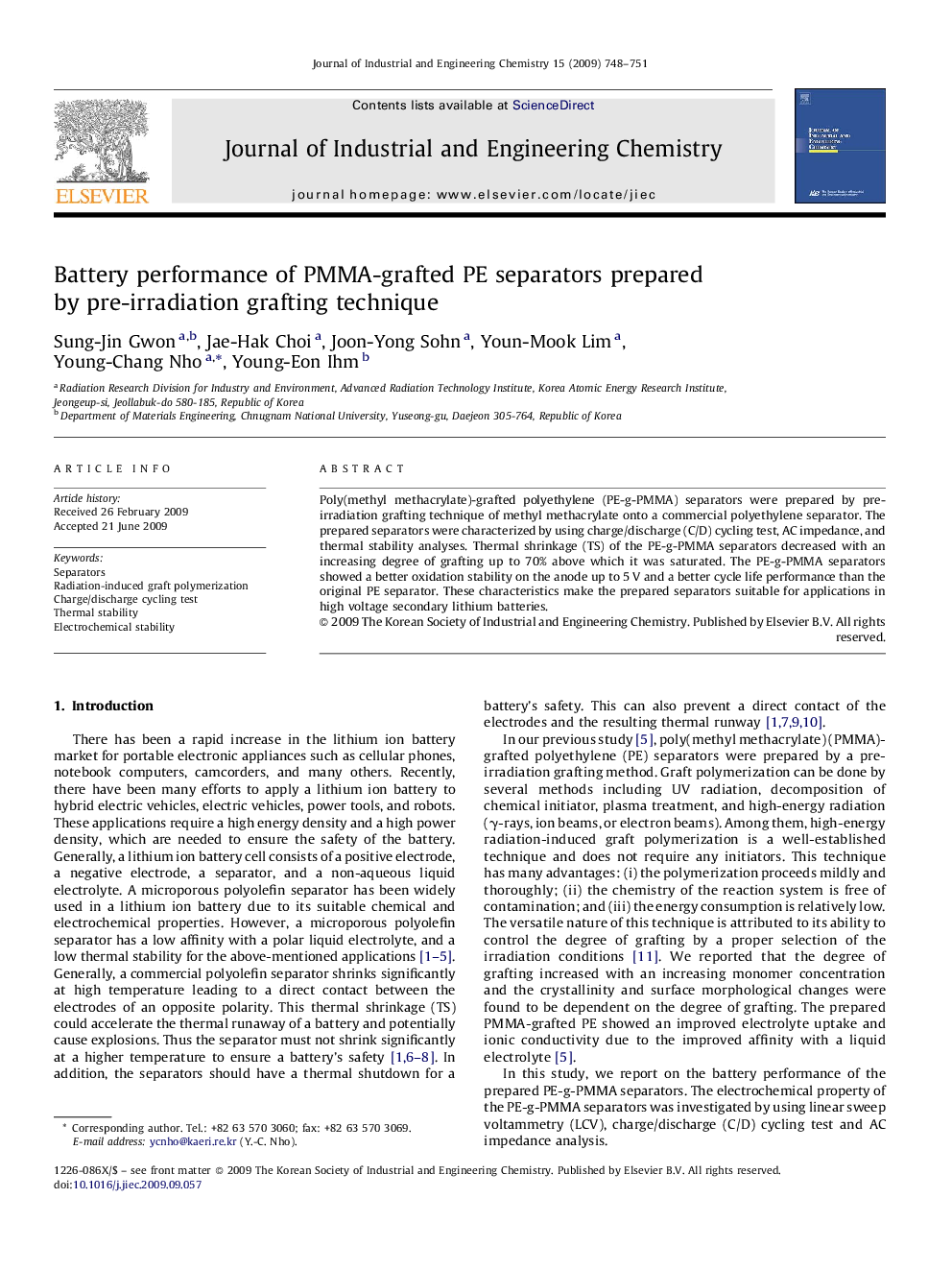 Battery performance of PMMA-grafted PE separators prepared by pre-irradiation grafting technique