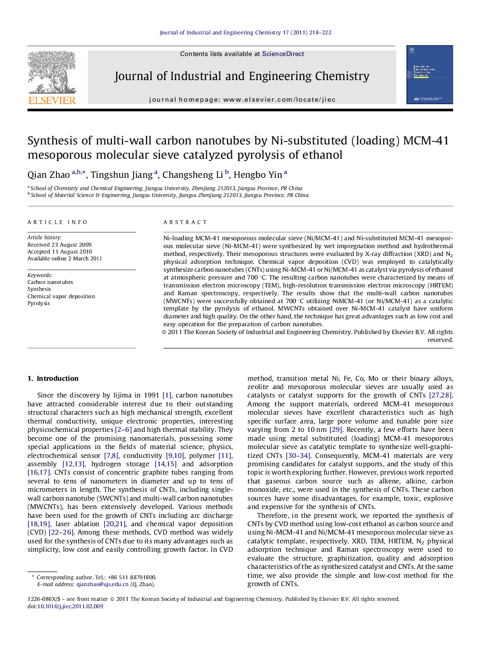 Synthesis of multi-wall carbon nanotubes by Ni-substituted (loading) MCM-41 mesoporous molecular sieve catalyzed pyrolysis of ethanol