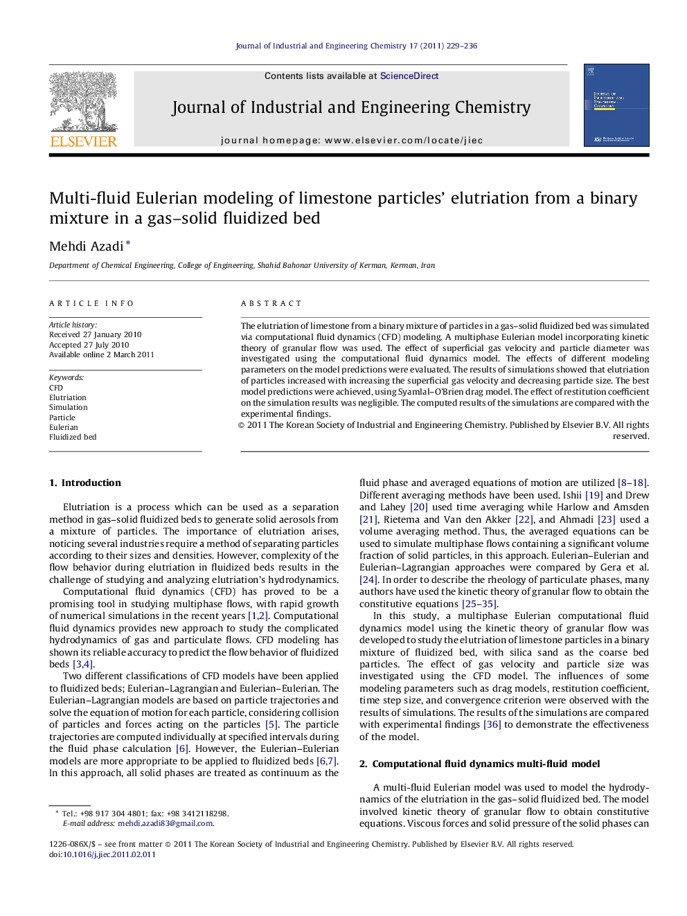 Multi-fluid Eulerian modeling of limestone particles’ elutriation from a binary mixture in a gas–solid fluidized bed