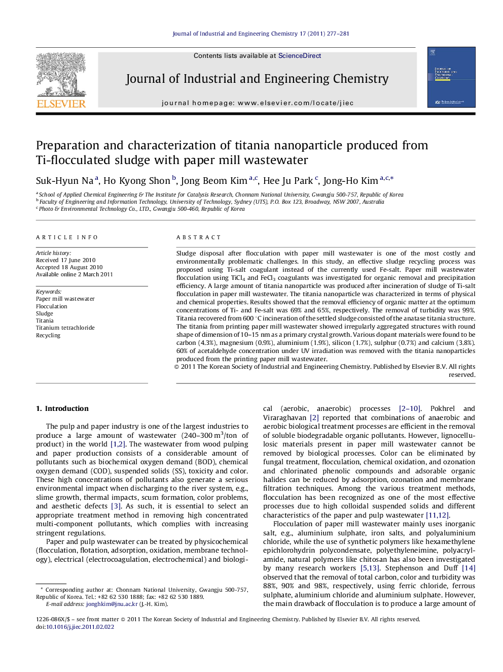 Preparation and characterization of titania nanoparticle produced from Ti-flocculated sludge with paper mill wastewater