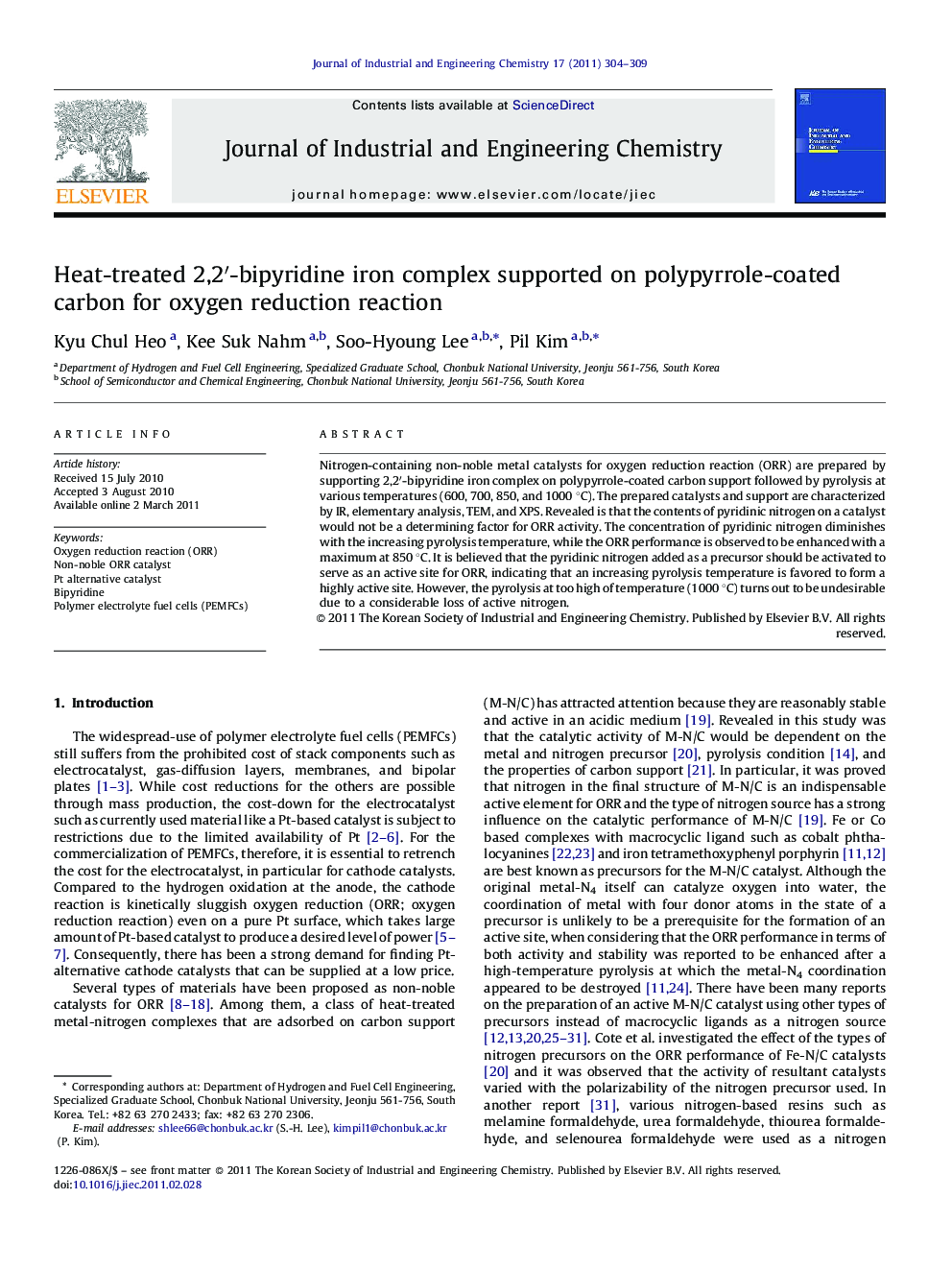 Heat-treated 2,2′-bipyridine iron complex supported on polypyrrole-coated carbon for oxygen reduction reaction