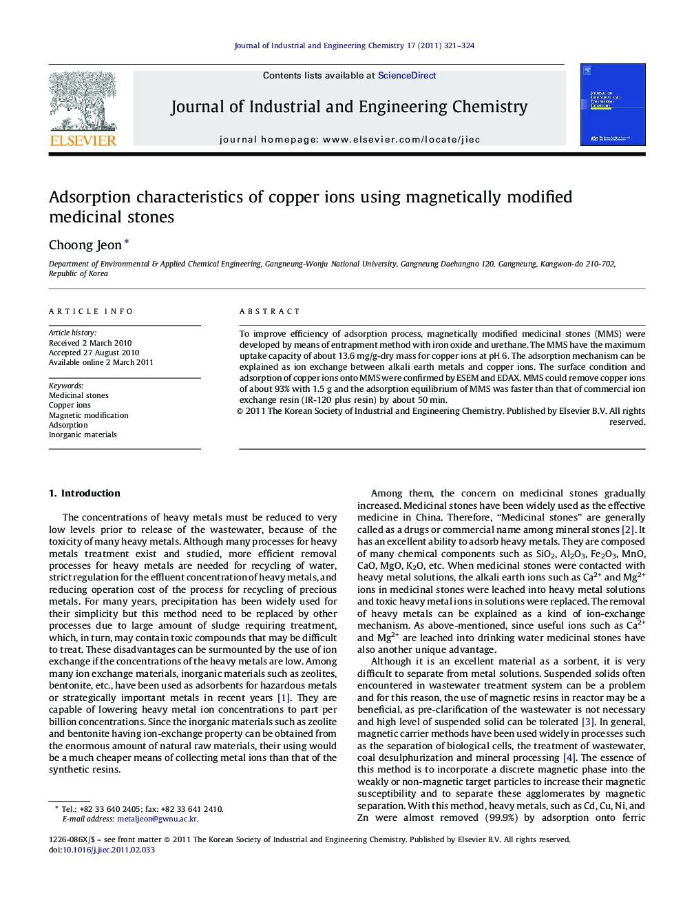 Adsorption characteristics of copper ions using magnetically modified medicinal stones