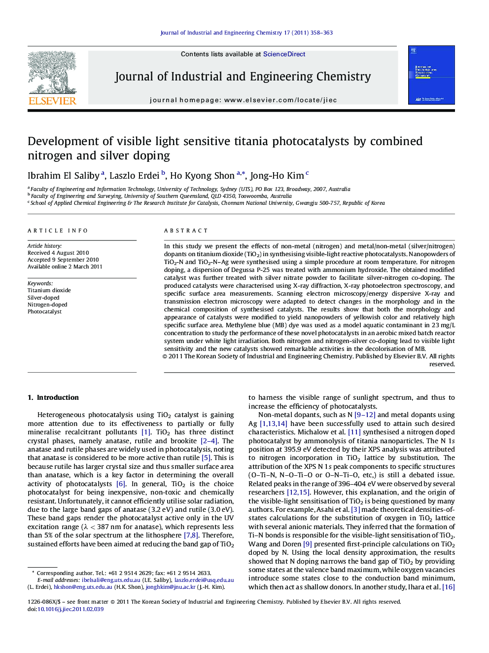 Development of visible light sensitive titania photocatalysts by combined nitrogen and silver doping