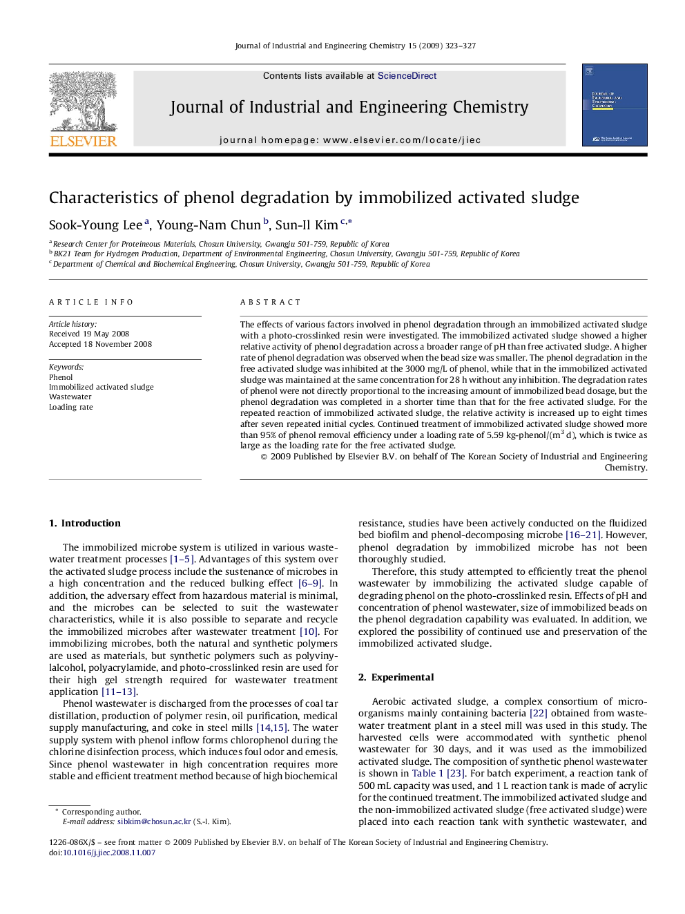 Characteristics of phenol degradation by immobilized activated sludge