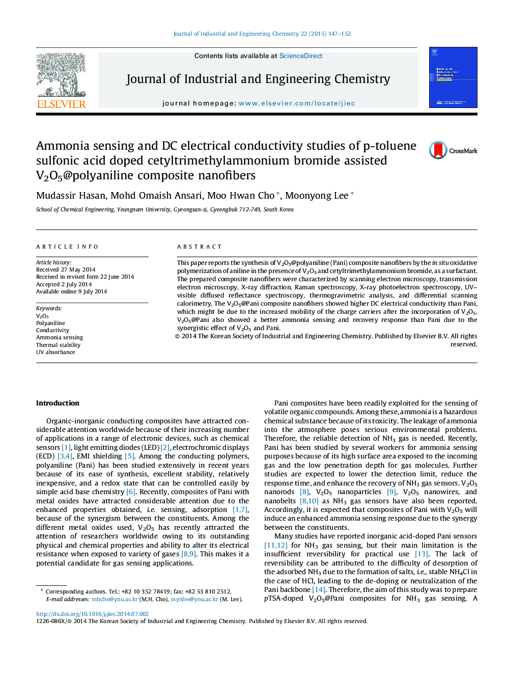 Ammonia sensing and DC electrical conductivity studies of p-toluene sulfonic acid doped cetyltrimethylammonium bromide assisted V2O5@polyaniline composite nanofibers