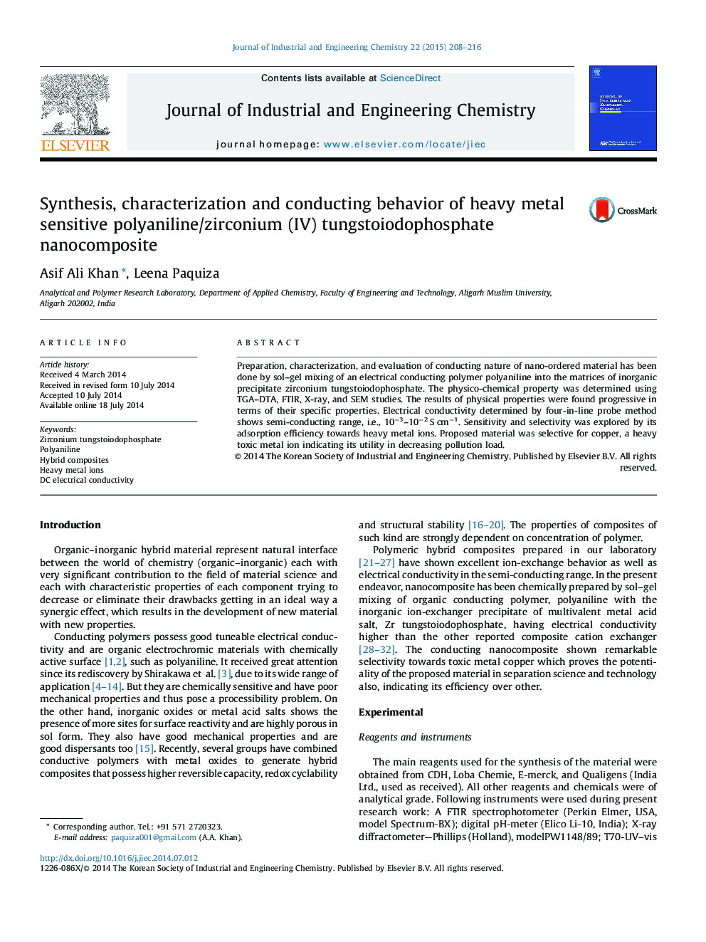 Synthesis, characterization and conducting behavior of heavy metal sensitive polyaniline/zirconium (IV) tungstoiodophosphate nanocomposite