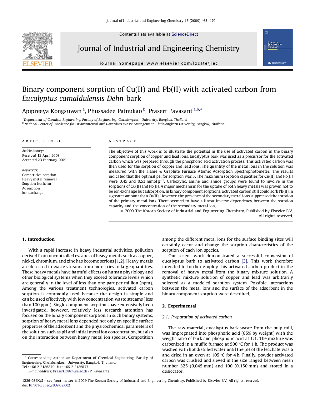 Binary component sorption of Cu(II) and Pb(II) with activated carbon from Eucalyptus camaldulensis Dehn bark