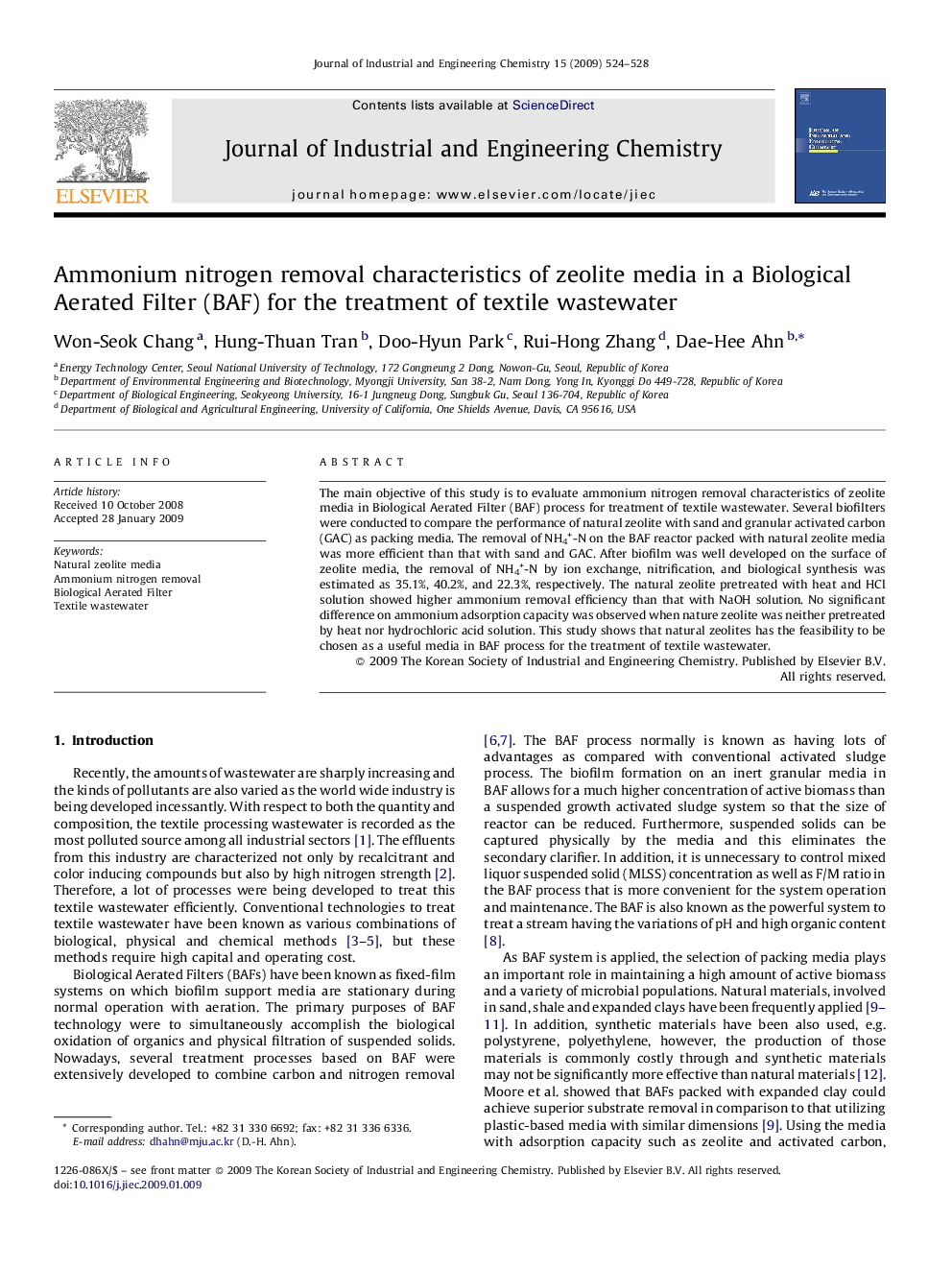 Ammonium nitrogen removal characteristics of zeolite media in a Biological Aerated Filter (BAF) for the treatment of textile wastewater