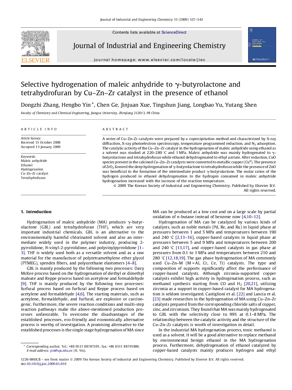 Selective hydrogenation of maleic anhydride to γ-butyrolactone and tetrahydrofuran by Cu–Zn–Zr catalyst in the presence of ethanol