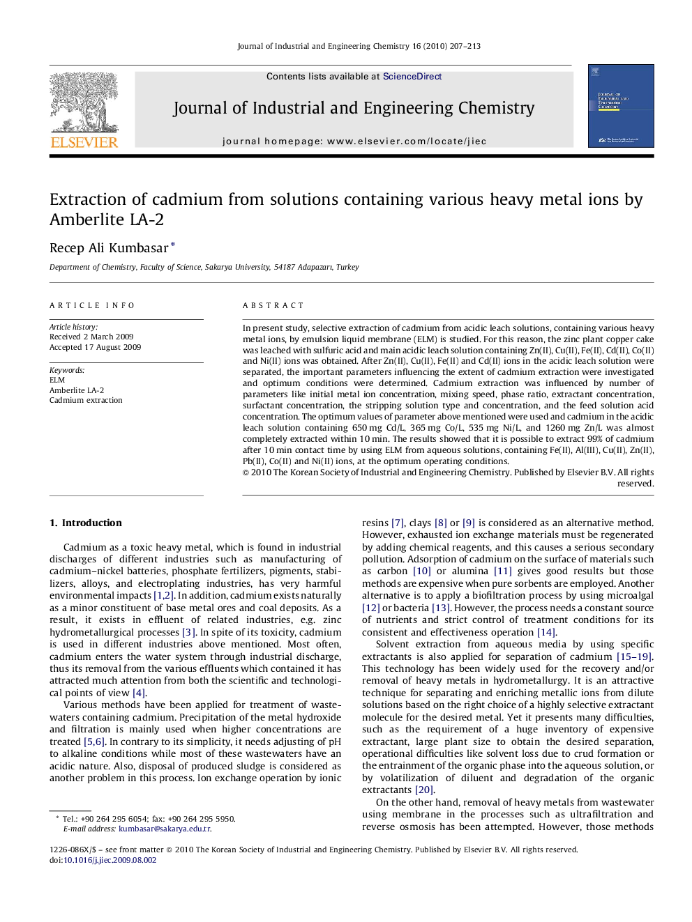 Extraction of cadmium from solutions containing various heavy metal ions by Amberlite LA-2