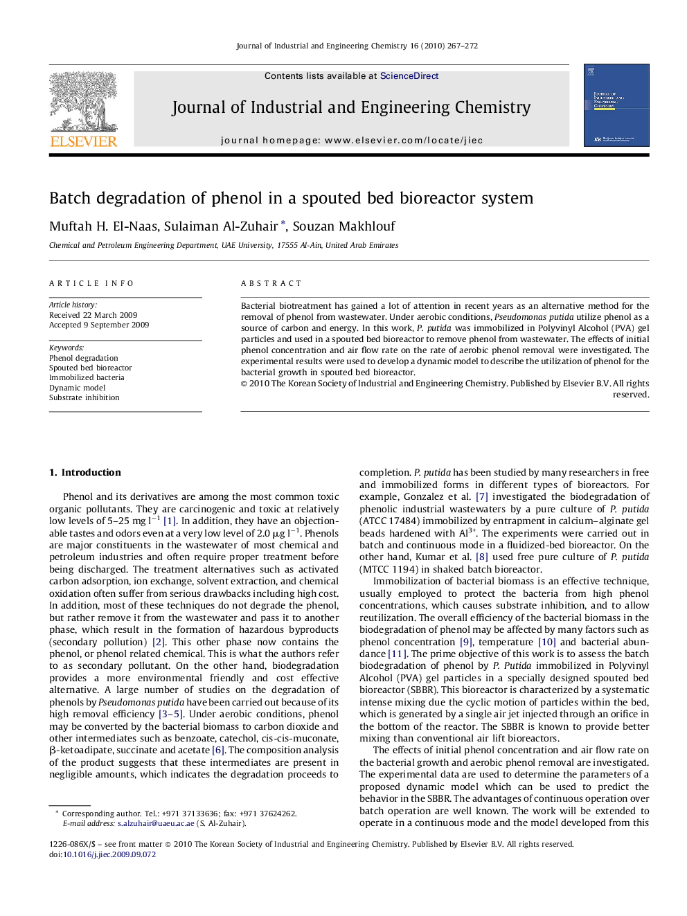 Batch degradation of phenol in a spouted bed bioreactor system