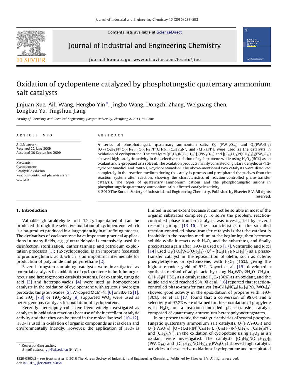 Oxidation of cyclopentene catalyzed by phosphotungstic quaternary ammonium salt catalysts