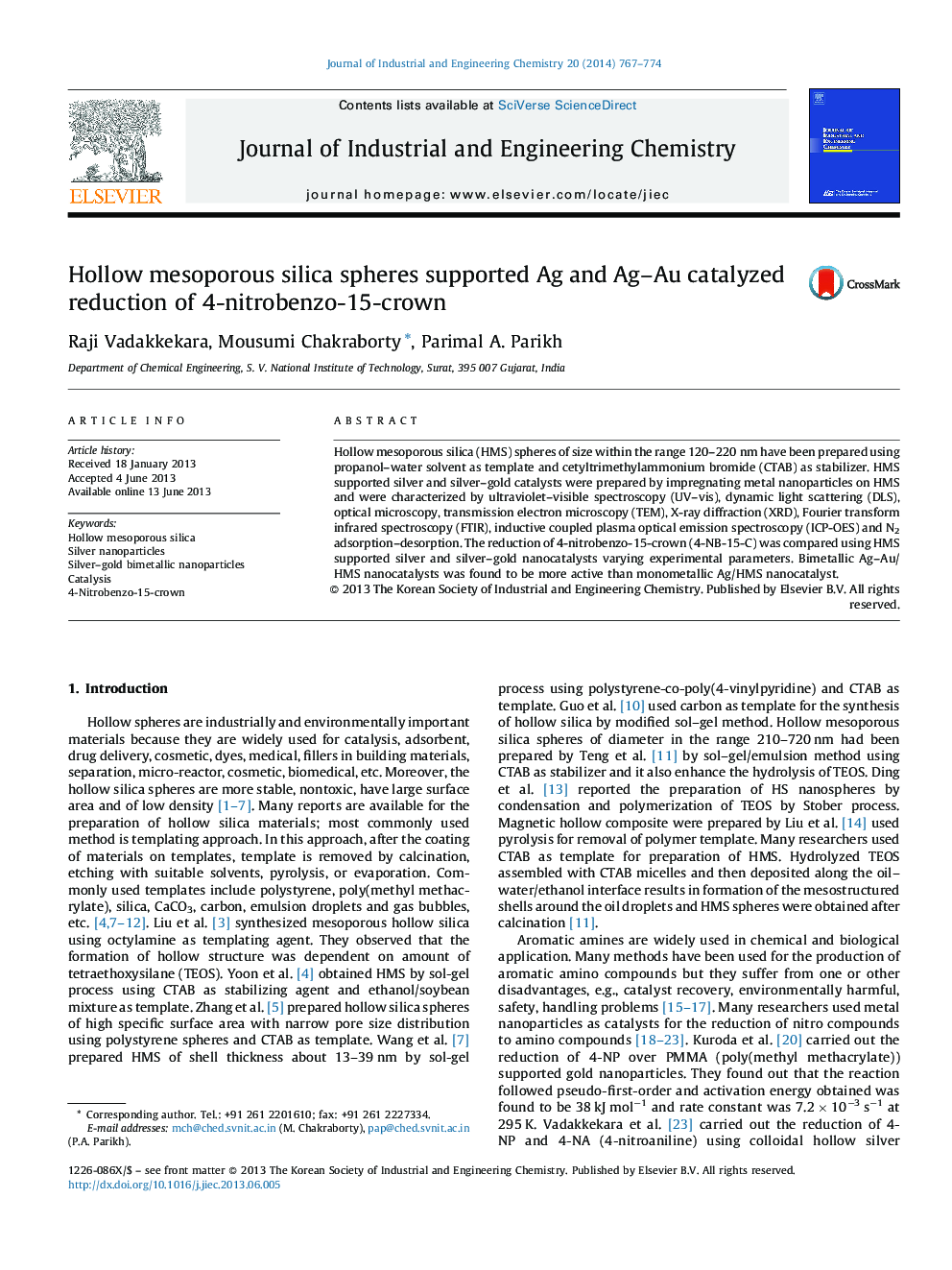 Hollow mesoporous silica spheres supported Ag and Ag–Au catalyzed reduction of 4-nitrobenzo-15-crown