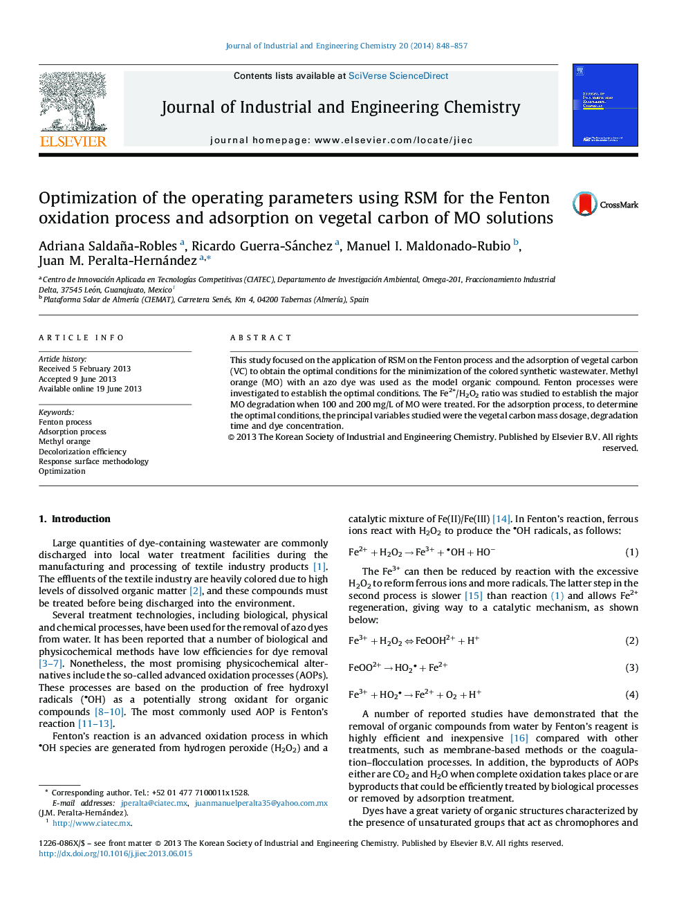 Optimization of the operating parameters using RSM for the Fenton oxidation process and adsorption on vegetal carbon of MO solutions