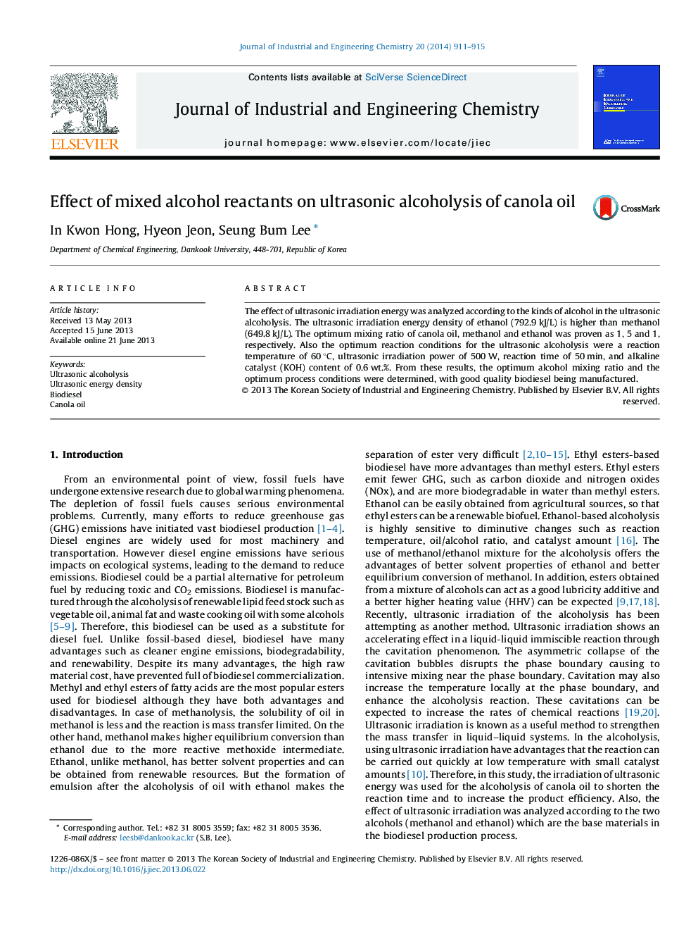 Effect of mixed alcohol reactants on ultrasonic alcoholysis of canola oil