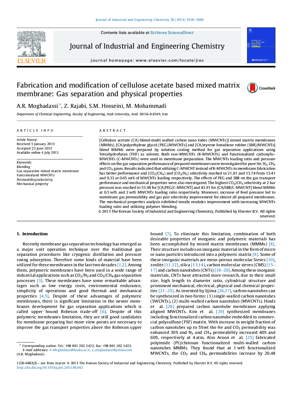 Fabrication and modification of cellulose acetate based mixed matrix membrane: Gas separation and physical properties