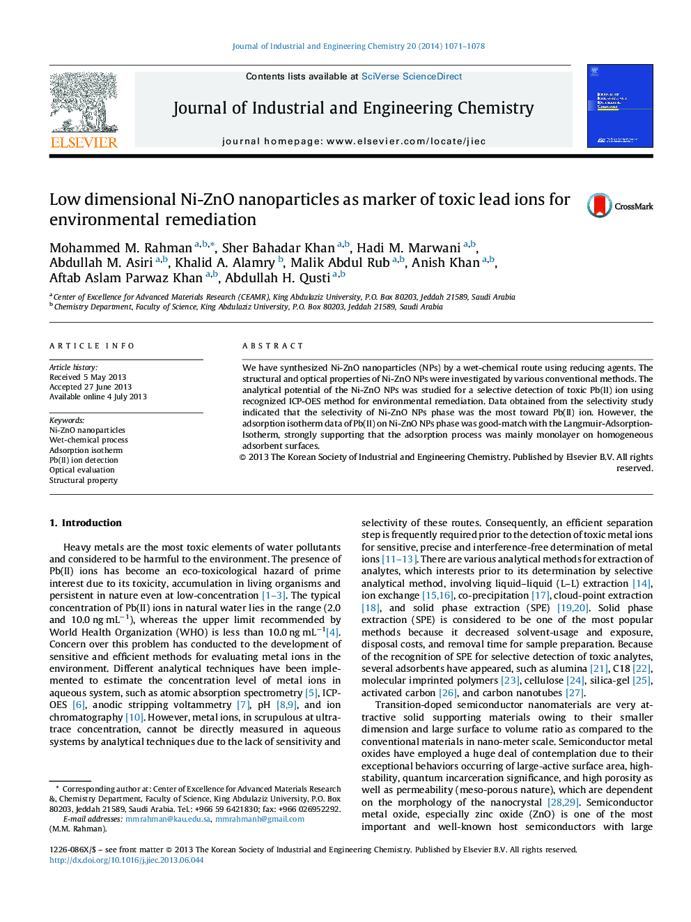 Low dimensional Ni-ZnO nanoparticles as marker of toxic lead ions for environmental remediation