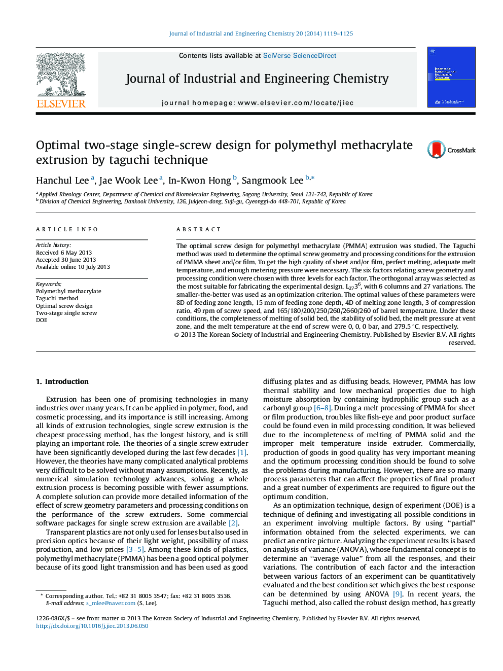 Optimal two-stage single-screw design for polymethyl methacrylate extrusion by taguchi technique