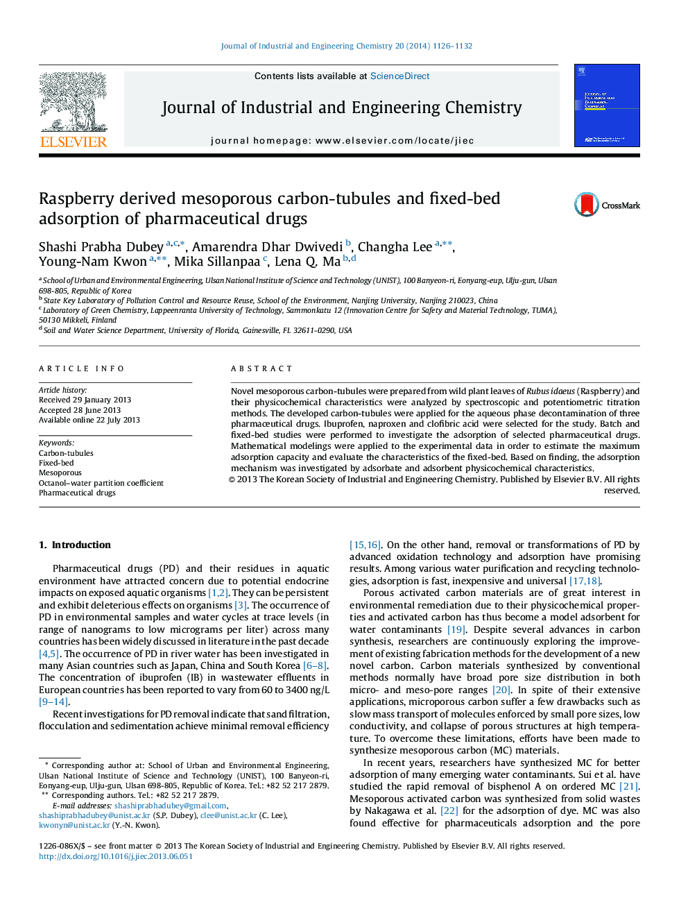 Raspberry derived mesoporous carbon-tubules and fixed-bed adsorption of pharmaceutical drugs