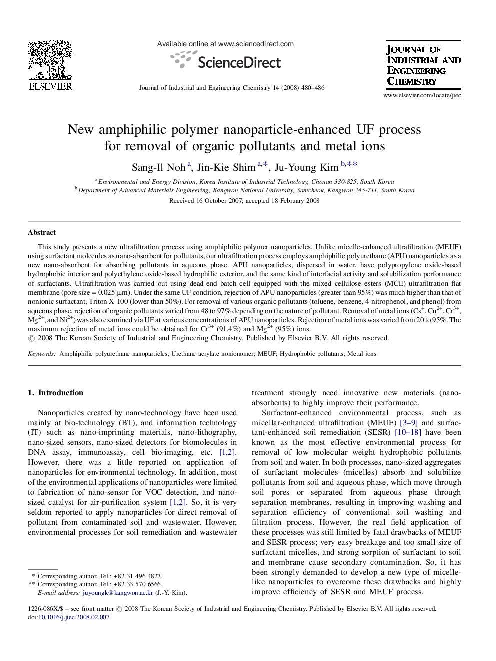 New amphiphilic polymer nanoparticle-enhanced UF process for removal of organic pollutants and metal ions