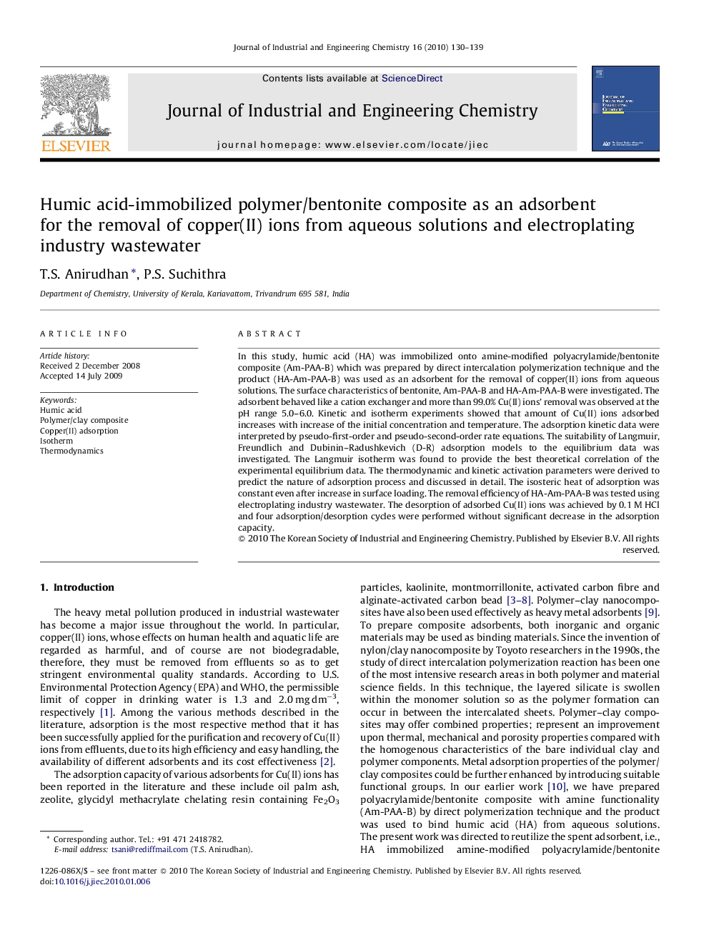 Humic acid-immobilized polymer/bentonite composite as an adsorbent for the removal of copper(II) ions from aqueous solutions and electroplating industry wastewater