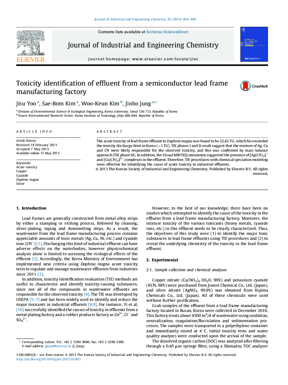 Toxicity identification of effluent from a semiconductor lead frame manufacturing factory