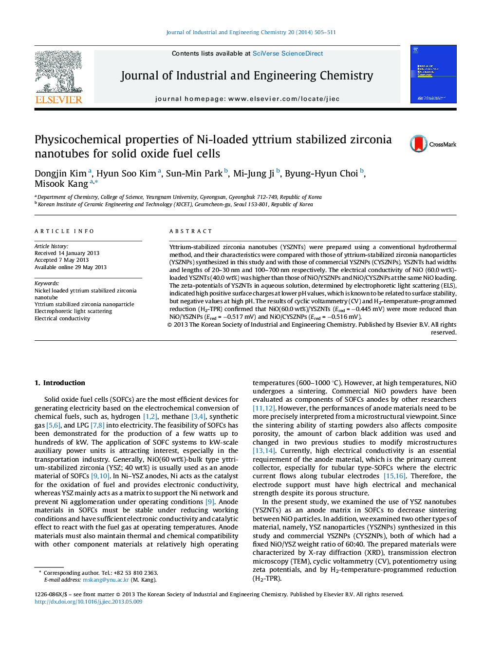 Physicochemical properties of Ni-loaded yttrium stabilized zirconia nanotubes for solid oxide fuel cells