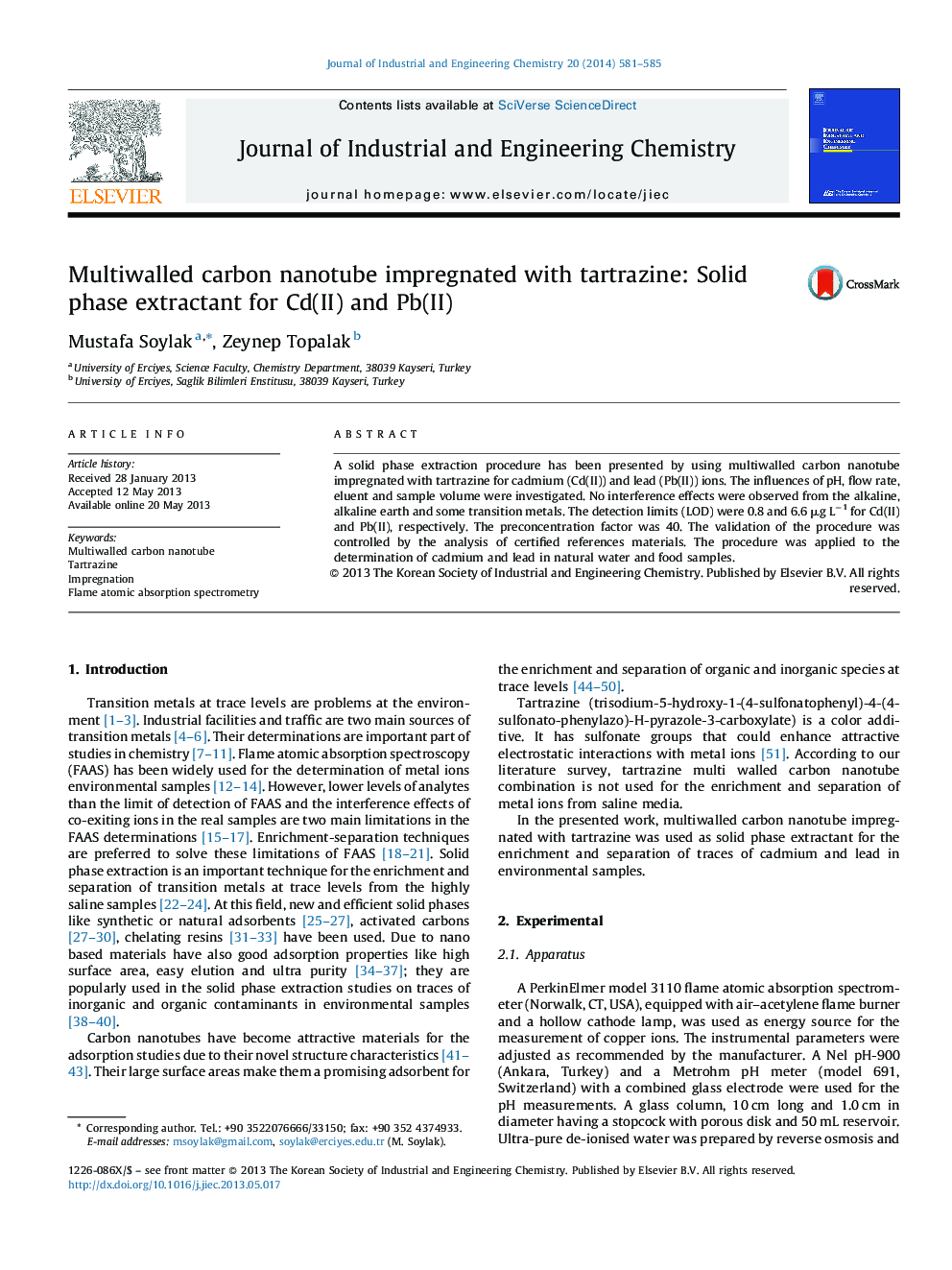 Multiwalled carbon nanotube impregnated with tartrazine: Solid phase extractant for Cd(II) and Pb(II)