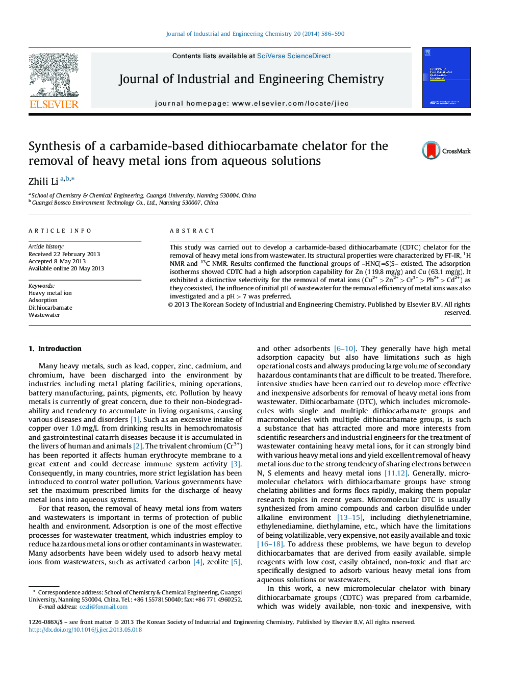 Synthesis of a carbamide-based dithiocarbamate chelator for the removal of heavy metal ions from aqueous solutions