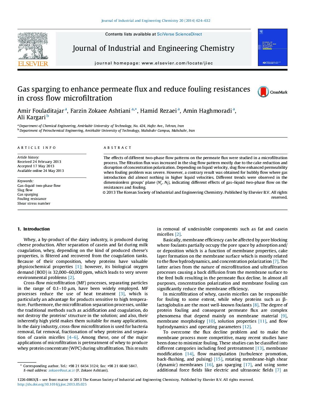 Gas sparging to enhance permeate flux and reduce fouling resistances in cross flow microfiltration