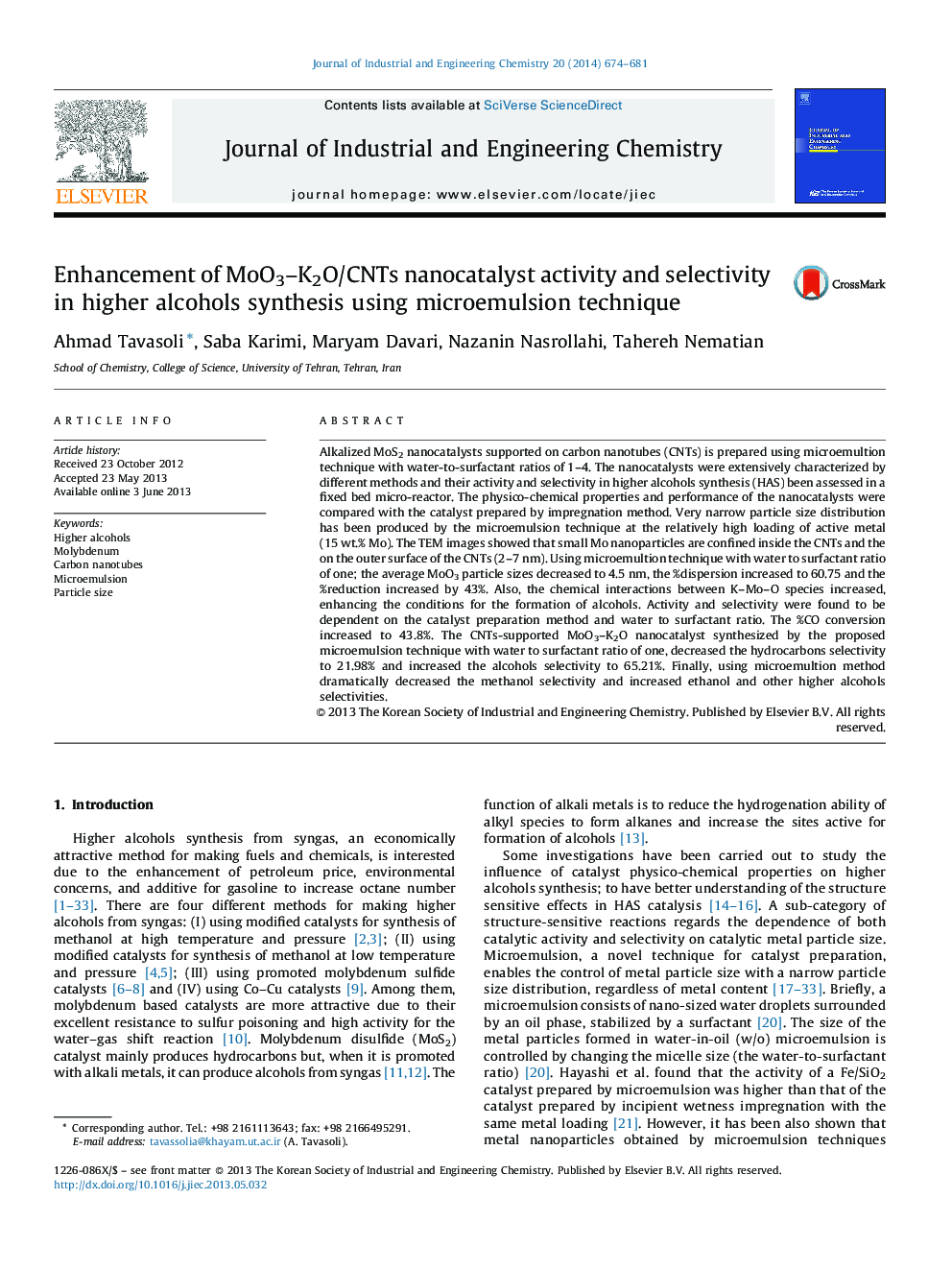 Enhancement of MoO3–K2O/CNTs nanocatalyst activity and selectivity in higher alcohols synthesis using microemulsion technique