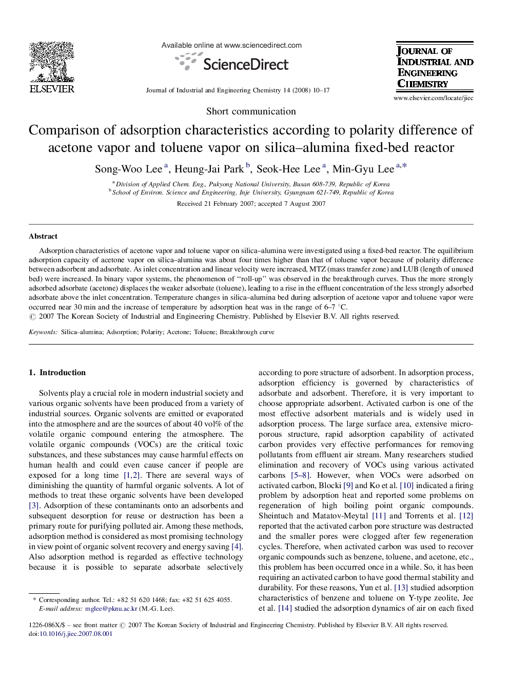 Comparison of adsorption characteristics according to polarity difference of acetone vapor and toluene vapor on silica–alumina fixed-bed reactor