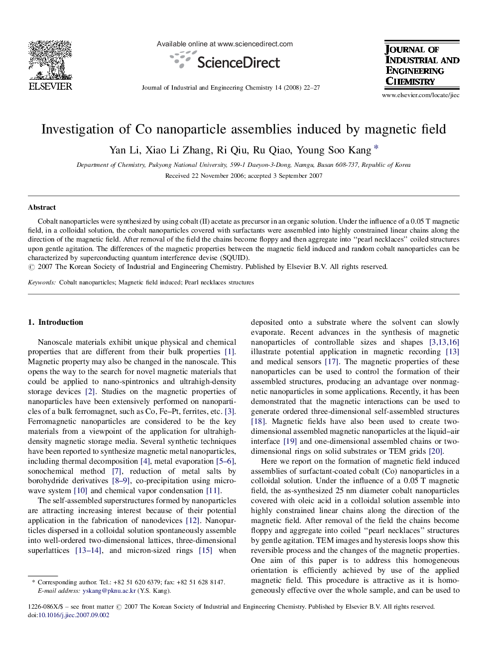 Investigation of Co nanoparticle assemblies induced by magnetic field