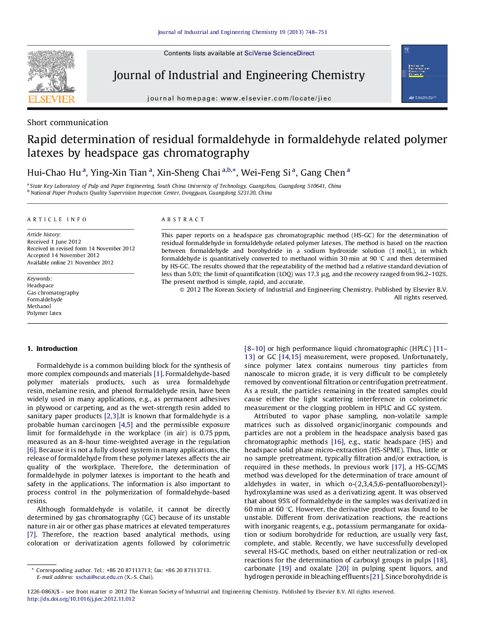 Rapid determination of residual formaldehyde in formaldehyde related polymer latexes by headspace gas chromatography