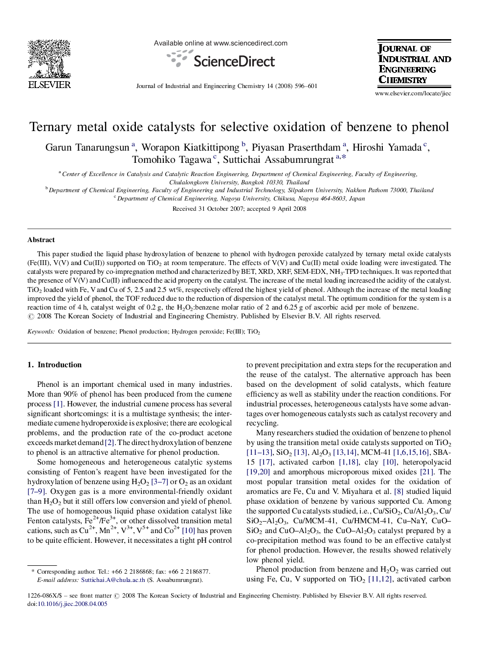 Ternary metal oxide catalysts for selective oxidation of benzene to phenol