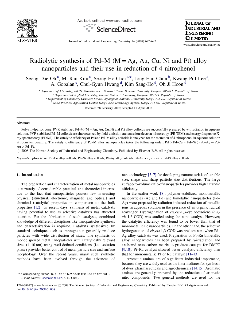 عکس صفحه اول مقاله: Radiolytic synthesis of Pd–M (M = Ag, Au, Cu, Ni and Pt) alloy nanoparticles and their use in reduction of 4-nitrophenol Radiolytic synthesis of Pd–M (M = Ag, Au, Cu, Ni and Pt) alloy nanoparticles and their use in reduction of 4-nitrophenol