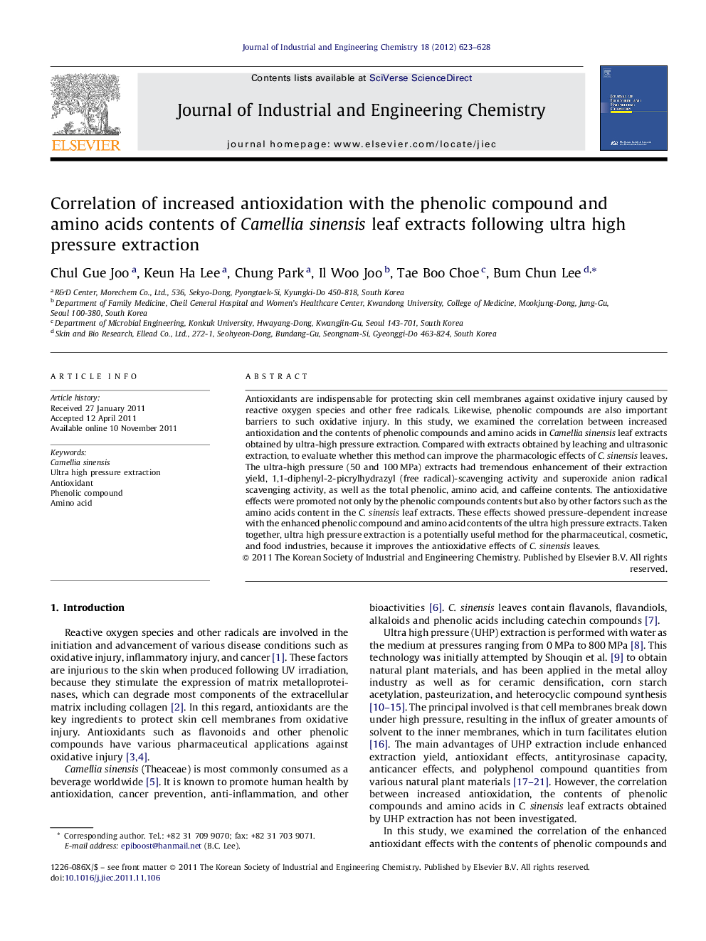 Correlation of increased antioxidation with the phenolic compound and amino acids contents of Camellia sinensis leaf extracts following ultra high pressure extraction