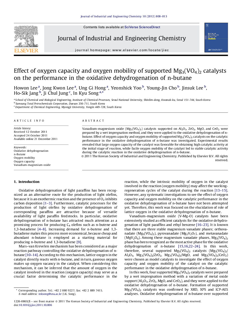 Effect of oxygen capacity and oxygen mobility of supported Mg3(VO4)2 catalysts on the performance in the oxidative dehydrogenation of n-butane