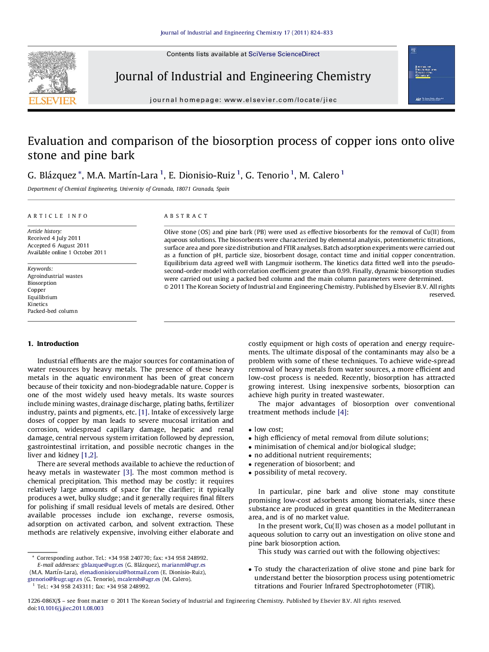 Evaluation and comparison of the biosorption process of copper ions onto olive stone and pine bark