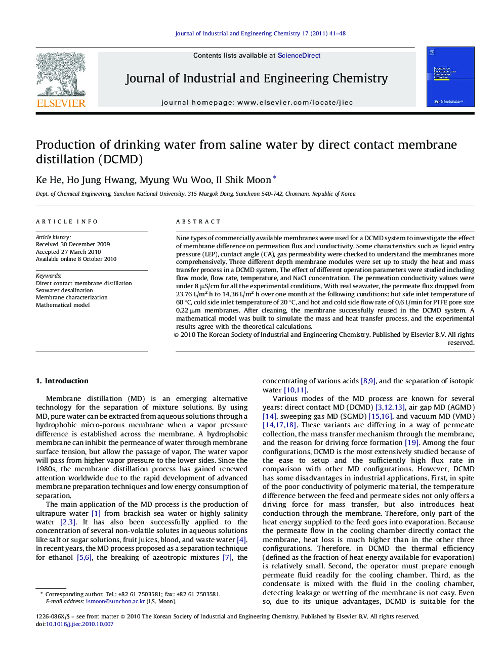 Production of drinking water from saline water by direct contact membrane distillation (DCMD)