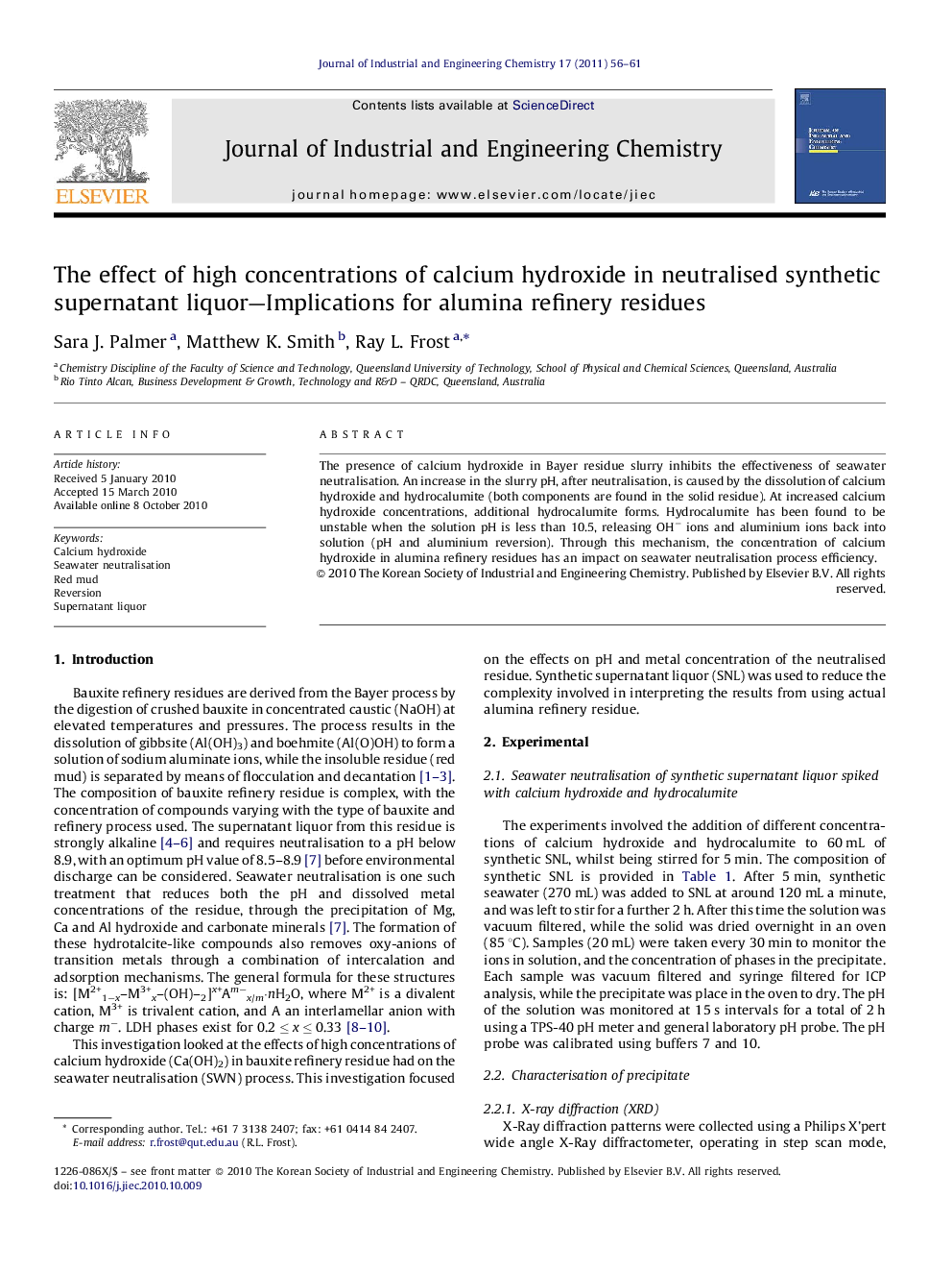 The effect of high concentrations of calcium hydroxide in neutralised synthetic supernatant liquor—Implications for alumina refinery residues