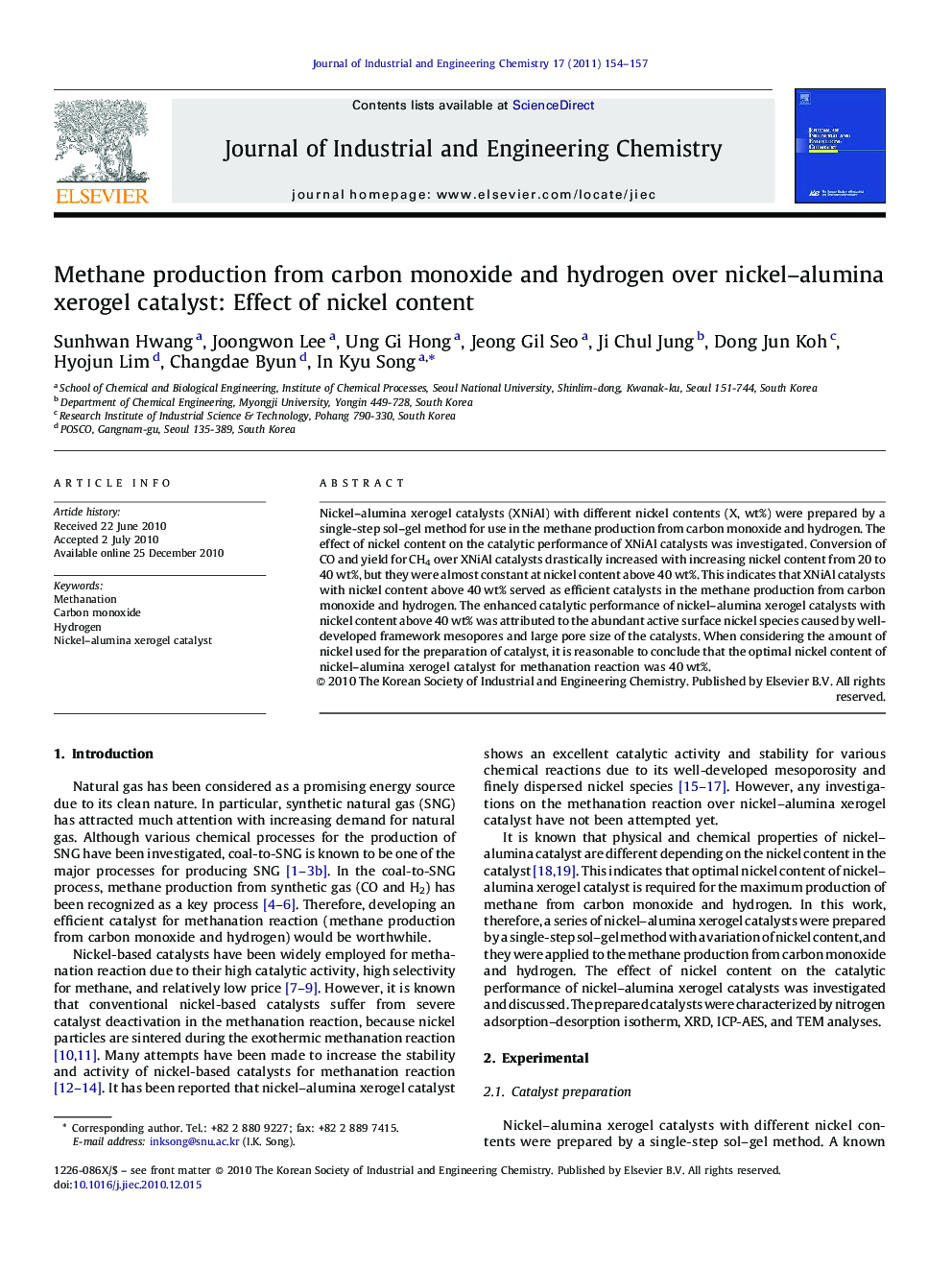 Methane production from carbon monoxide and hydrogen over nickel–alumina xerogel catalyst: Effect of nickel content