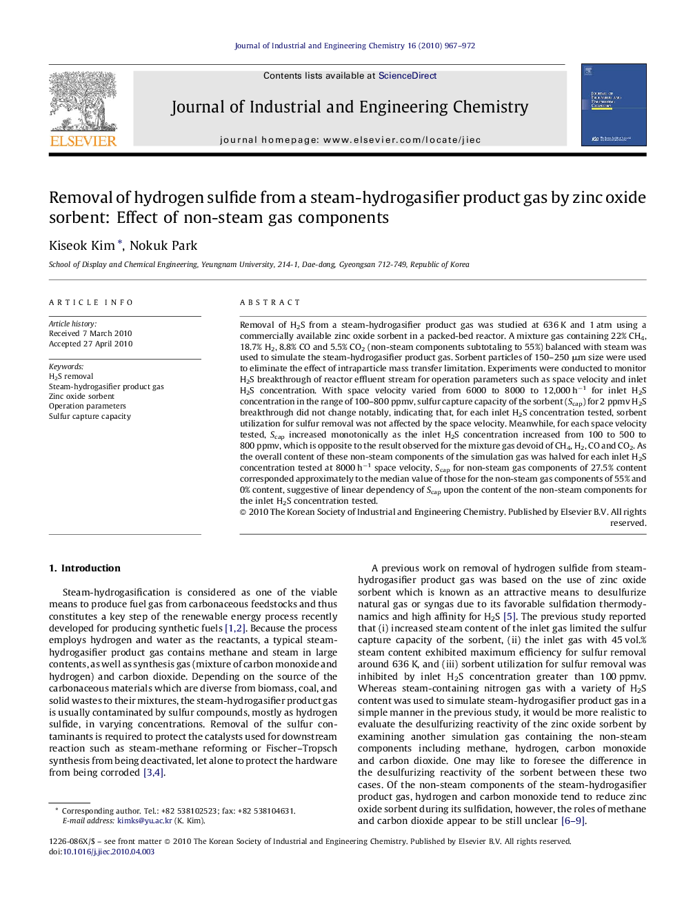 Removal of hydrogen sulfide from a steam-hydrogasifier product gas by zinc oxide sorbent: Effect of non-steam gas components