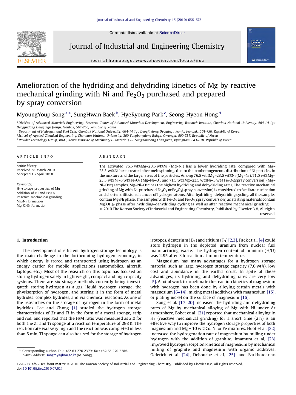 Amelioration of the hydriding and dehydriding kinetics of Mg by reactive mechanical grinding with Ni and Fe2O3 purchased and prepared by spray conversion