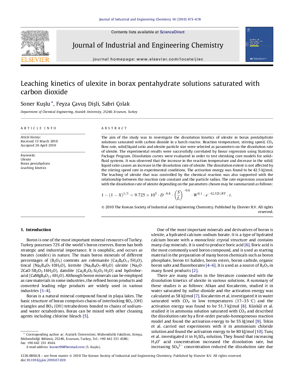 Leaching kinetics of ulexite in borax pentahydrate solutions saturated with carbon dioxide