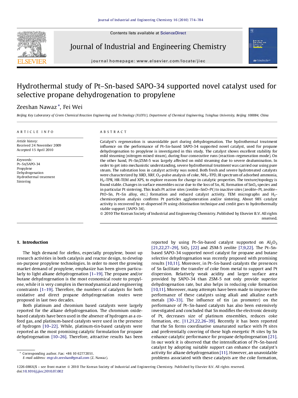 Hydrothermal study of Pt–Sn-based SAPO-34 supported novel catalyst used for selective propane dehydrogenation to propylene