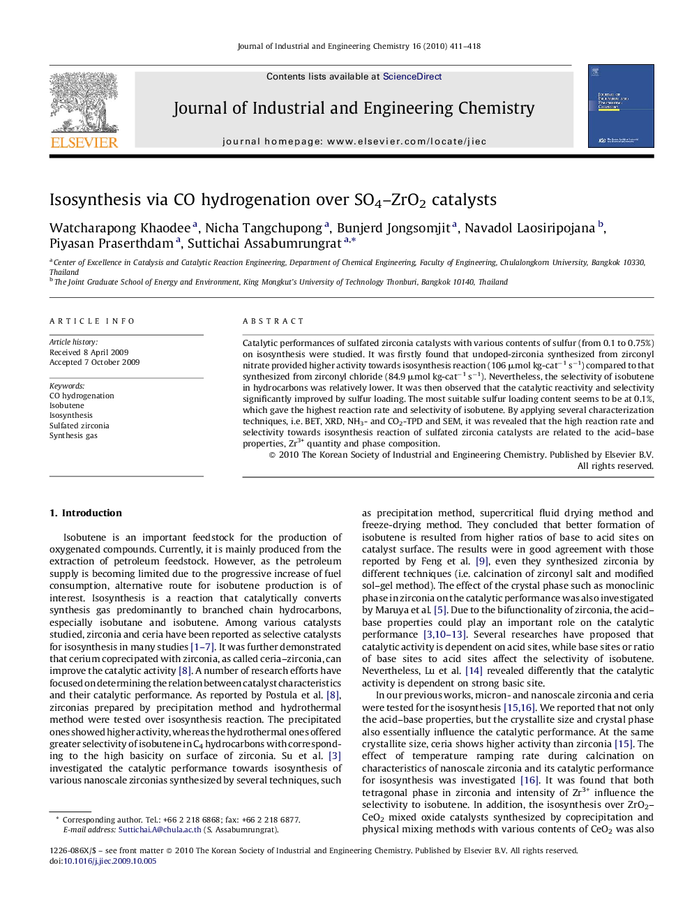 Isosynthesis via CO hydrogenation over SO4–ZrO2 catalysts